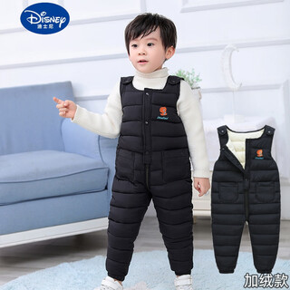 Disney children's down cotton overalls for infants and toddlers, thickened cotton pants for boys and girls, open-fit one-piece plus fleece pants, black 90, suitable for height 80-90, age 1 and a half - 2 years old