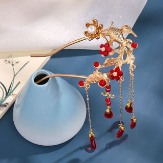 Meng junchen yule hairpin color-preserving tassel hairpin hanfu hairpin ancient costume hairpin ming dynasty hair comb ancient style pressure sideburns rocking carp one red