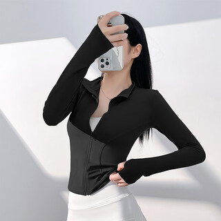 Ershanji sports jacket women's long sleeve tights slim running fitness yoga wear pilates training top slim yoga wear jacket star black m (90-110jin jin is equal to 0.5kg)