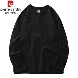 Pierre cardin casual 320g heavy cotton henley collar t-shirt men's long sleeve spring and autumn sweater three-needle solid color bottoming shirt trendy men black 320g heavy cotton/henry collar l (suitable for 155-180 jin jin equals 0.5 kg)