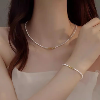 Luruo broken silver pearl necklace women's freshwater millet beads french light luxury niche high-class clavicle necklace shijia pearl broken silver set 35+5cm gift box + quality