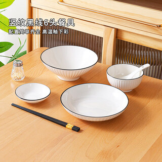 Kagawaya bowls, plates and tableware set, 6-head underglaze colored bowls and dishes set for one person, vertical black lines