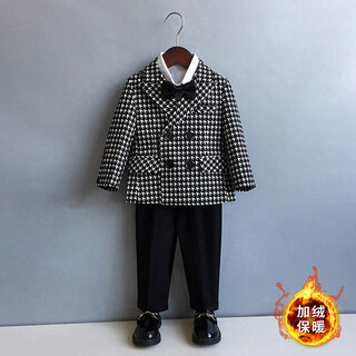 GOKU儿童花童婚礼西装套装秋冬男童宝宝周岁礼服主持小男孩英伦演出服 加绒黑色西装+裤子+领结 90