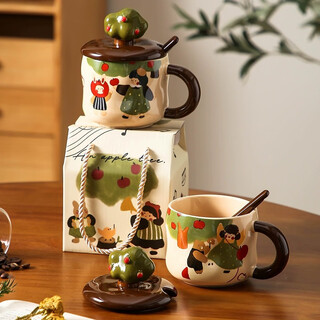 Yunshun national day and mid-autumn festival gift mug with lid and spoon water cup ceramic cup bestie birthday gift home coffee cup apple tree apple rabbit (lid + spoon) 380ml (gift box)