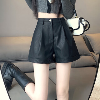 Cai muxia pu leather shorts for women in autumn and winter new style high waist slim outer wear loose wide leg a line casual bottoming boot pants black l 106-115jin jin is equal to 0.5 kg