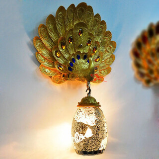 Yaotian southeast asia peacock wall lamp french pastoral bedside bedside lamp lobby bar lamp european living room background wall lamp peacock opening + double silver (+led bulb)