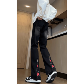 衣然呈品微喇牛仔裤男士秋季高街复古vibe修身直筒弯刀加厚休闲新款裤子男 黑色 L 【建议100-120斤】