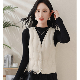 Hui shihui down cotton vest for women 2025 new short down cotton vest worn inside ultra-light down cotton liner worn inside and outside v-neck wavy cotton vest apricot m recommended 95-105 jin jin equals 0.5 kg