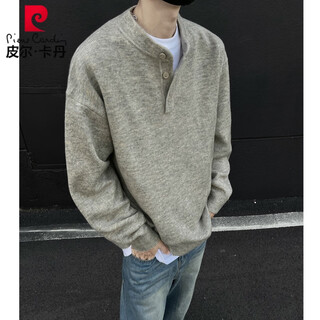 Pierre cardin american handsome henley collar sweater men's 2025 new autumn and winter lazy feeling old money style knitted sweater jacket gray m