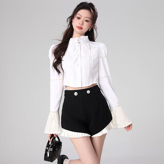 White shirt women's 2024 spring new niche french style bow lace splicing sleeve shirt white s recommended 85-100jin jin equals 0.5 kg