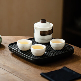 Yi nian fangyuan suet jade white porcelain kung fu tea set with tea tray b&b hotel ceramic teapot tea cup hand-held pot simple ink style one pot three cups + black square plate + bag