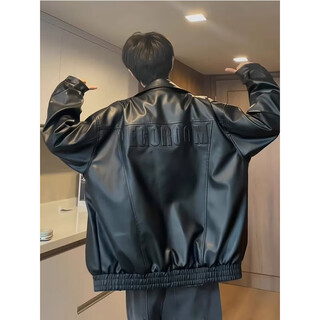 Poum american retro handsome leather jacket hiphop motorcycle jacket men's autumn loose casual letter stamped jacket men's trend qnfs-pu9109 black xl