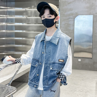Bavan rat boys' vest denim jacket spring and autumn new medium and large children's jackets children's vest tops boys' vests 3-15 years old teenagers big pocket tops - blue 160