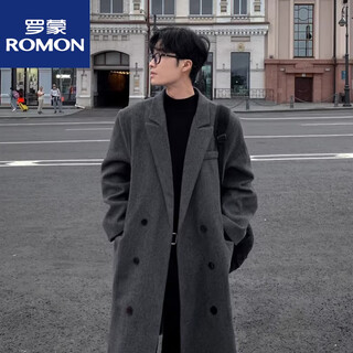 Romon woolen coat men's mid-length gray british handsome korean style trendy suit collar over-the-knee style windbreaker jacket f306 dark gray (cotton lining) shoulder pad style m