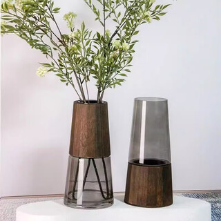 Ershanji simple creative wooden support glass vase straight silver willow dry vase rich bamboo large vase living room decorative ornaments creative vase wood bottom and glass top