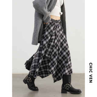 Chic ven 2025 new winter design high waist irregular contrasting plaid brushed skirt long skirt for women chicven black m shipped within 15 days