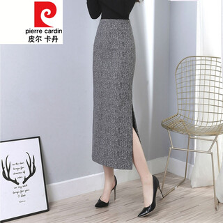 Pierre cardin high-waisted skirt autumn and winter 2021 woolen hip skirt herringbone slit skirt thickened one-step long skirt knitted 964 gray s