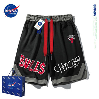 Nasadkgm trendy brand shorts men's summer thin american bulls casual sports five-point pants loose mid-pants basketball training pants black-nasa joint xl (recommended 135-150jin jin equals 0.5 kg)