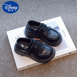 Disney (disney) children's leather shoes 2024 spring new british style loafers, versatile shoes for boys and girls, black performance shoes, velcro black 27, inner length 16.7cm