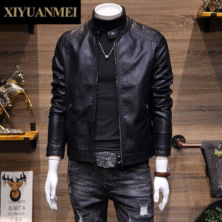 Mi nishihara men's stand-collar leather jacket autumn korean style trendy slim handsome leather jacket men's jacket fd6915 black m