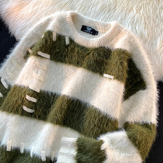 Style rabbit sweater women's 2025 new winter stripe contrast color age reduction thickening design loose lazy trendy knitted sweater green one size