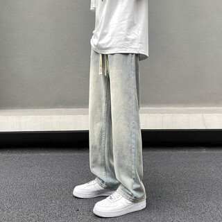 百鹊亭（BAIQUETING）美式黄泥牛仔裤男生秋冬季宽松直筒休闲裤百搭水洗阔腿长裤子男士 黄泥色 XL码（110斤-145斤）