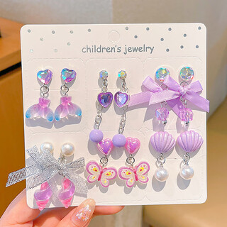 Lemiao children's ear clips for girls without pierced earrings, cute cartoon bows, anti-pain earrings, baby earrings, accessories, 1# purple 12-piece set a11-101