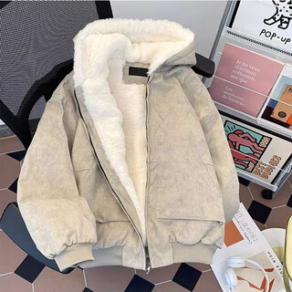 Yiran presents winter velvet thickened hooded cotton coat for men, old american high street retro youth sports warm trendy brand cotton coat, gray apricot l recommended 120-135 jin jin equals 0.5 kg