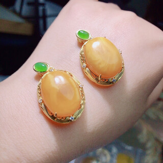 Golden bb0898 natural beeswax pendant chicken fat yellow amber s925 silver necklace 33/19mm women's clavicle chain