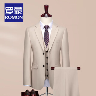Romon high-end customized groom's wedding suit, men's business formal attire, wedding small suit, men's evening dress three-piece set, apricot = suit + vest + pants + shirt 3xl size