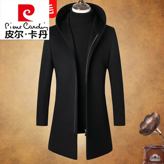 Pierre cardin wool coat men's autumn and winter hooded zipper mid-length business wool coat men's woolen windbreaker jacket black 48/170
