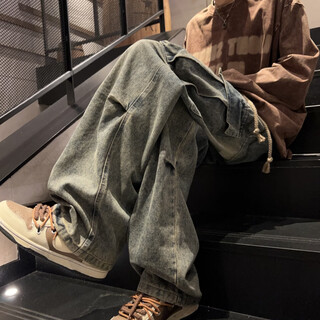 New or mode distressed workwear jeans men's american retro washed high street pants trendy brand loose high-level straight pants cement yellow xl