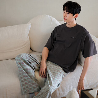 In shimmer, summer pure cotton couple pajamas, thin short-sleeved plaid trousers set, large size cool cotton pajamas set, men's xl