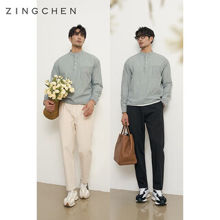 Zingchen atmospheric wear zingchen henry collar profile striped shirt men's casual cotton long-sleeved shirt green striped m