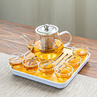 Glass tea set set, home teacup, office kung fu tea set, teapot, simple small tea table, tea ceremony, one pot, magnolia cup 7+square plate+bajun pot 550ml 1 piece