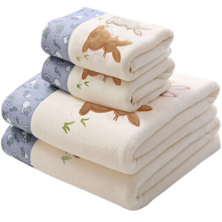 Shantou lincun bath towel towels are more absorbent than pure cotton, adult men and women face wash household quick-drying three-piece swimming set without shedding, off-white cute rabbit set (1 bath towel + 1 towel) 70x140cm