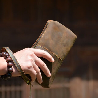 Barnoroo clutch cowhide crazy horse leather retro long men's wallet genuine leather clutch bag large capacity hand wallet bag crazy horse leather dark brown (harder material) small bag