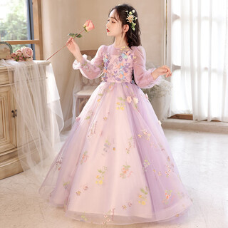 Bu lian mao children's dress violet flower fairy forest style fluffy yarn princess dress girl host piano performance evening dress purple long sleeves 130 cm