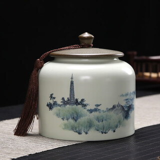 Punuoer ceramic tea jar large household tea storage jar storage sealed jar porcelain jar green tea black tea pu'er longjing storage jar antique landscape tea jar 900ml