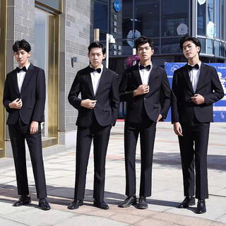 Rent groomsmen suit three-piece suit for spring, autumn and winter groom wedding graduation interview brother formal chorus men's dress rent/black jacket + black trousers + white shirt + bow tie 5xl