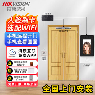 海康威视D11人脸识别门禁一体机套装企业办公室刷脸打卡考勤机智能刷卡指纹门禁主机可视对讲门禁系统 标配款套装8:双开木门铁门防盗门(无支架) 包安装