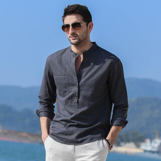 Cangishi kazuki cangishi kazuki high-end cotton and linen henry collar shirt men's trendy brand 2025 summer new stand-up collar long-sleeved shirt spring and autumn dark gray l