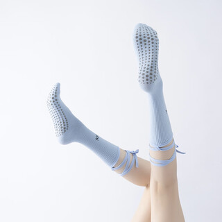 Huodiniao autumn and winter yoga socks professional anti-slip female adult pilates socks straps long-tube fitness aerobics sports floor socks straps mid-tube anti-slip yoga socks-light blue