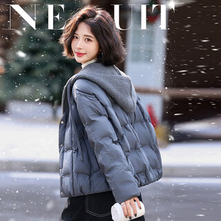 Guixuege fake two-piece knitted hooded short white duck down jacket for women winter new light and loose foreign style warm jacket gray s (85-110jin jin equals 0.5kg)