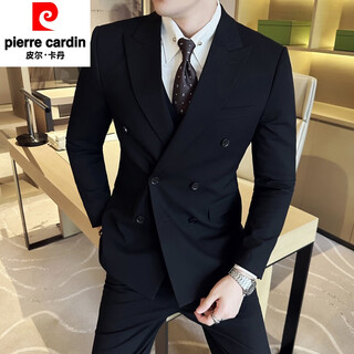 Pierre cardin british style double breasted suit men's suit business casual formal groom wedding dress men's suit three-piece black suit+trousers+vest l (110-125jin jin equals 0.5 kg)