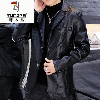 Woodpecker (tucano) men's leather jacket 2025 autumn and winter new velvet thickened leather jacket youth slim and handsome motorcycle jacket black zw8937 without *velvet m