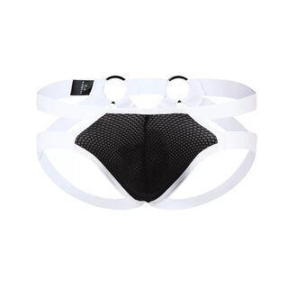 Low-waist gay men's thong breathable hollow fun double butt u convex color-blocked ice silk sexy underwear for men old black s90-115