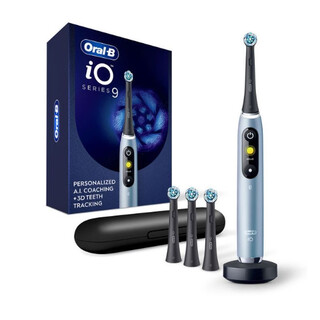 Oral-b io series 9 electric toothbrush with 4 brush heads, rechargeable, 7 cleaning modes, pressure sensitive, soft cleaning, small round head, blue, recommended by dentists, supports bluetooth, 2-minute interval timer