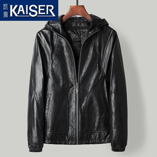 凯撒（KAISER）皮衣男头层油蜡牛皮鹅绒服2025冬季新款连帽拉链款活里活面皮外套 黑色 2XL (180) (适合140-155斤)
