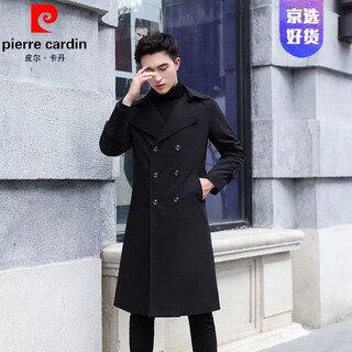 皮尔卡丹（pierre cardin）秋冬季男士韩版中长款过膝风衣青年双排扣男宽松披风外套休闲针织 风衣 黑 3XL 建议180-205斤